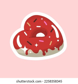 Heart-shaped donut covered with glaze and sprinkled with sweet crumbs. Happy Valentines Day. All lovers Day decoration element. Delicious food, sweets. Flat style in vector illustration. Isolated. 