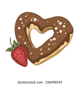 Heart-shaped donut vector illustration. Delicious heart-shaped donut with chocolate and red strawberry.