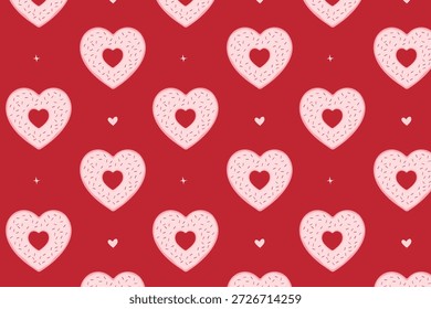 Roscas em forma de coração em um fundo vermelho - padrão sem costura. Fundo vetor com doces sobremesas para o Dia dos Namorados.