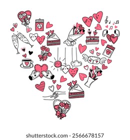 Heart-shaped doodle illustration with romantic symbols. For Valentine Day cards, social media posts, or romantic designs