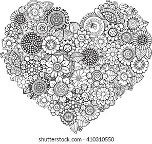 Heart-shaped doodle pattern. Vector elements. Coloring book for adult