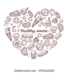 Heart-shaped doodle sweets and candies . Hand drawn illustration for menu. backgrounds and posters, coock books and notebooks, fabric prints and wallpapers