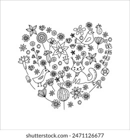 Heart-shaped doodle vector card. Black and white