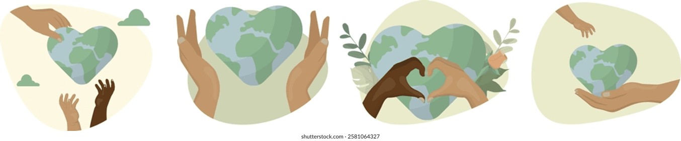 Heart-Shaped Earth in Diverse Hands collection. Global unity, environmental responsibility, and care for our planet. Ideal for Earth Day, sustainability initiatives, and promoting eco-conscious living