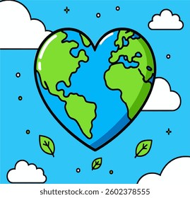 A heart-shaped Earth surrounded by leaves and clouds symbolizes love for the environment