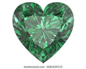 herzförmiger smaragdgrüner Edelstein mit tiefgrünem Farbton. Es ist entworfen, um die Schönheit und Komplexität eines facettierten Edelsteins zu präsentieren. Konzepte für Schmuckdesign.