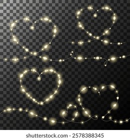 Heart-shaped fairy lights with a warm glow, borders and frames set on a transparent background. Twinkling LED string lights form decorative heart patterns, perfect for romantic designs.Vector 