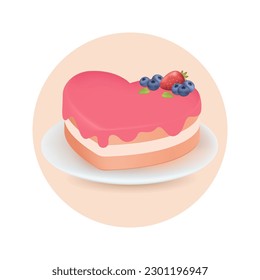 Ilustración vectorial 3d en forma de pastel festivo con forma de corazón. Comida festiva con bayas en círculo rosado al estilo de las caricaturas aisladas de fondo blanco. Día de San Valentín, amor, concepto de aniversario