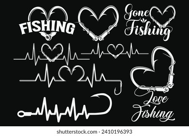 Heart-shaped Fishing Hook Bundle, Romantic Fishing Hook Design, Fishing Love typography Bundle, Fisherman's Love, Love, Love fishing hook