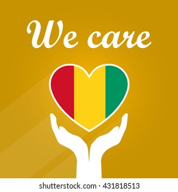 Heart-shaped Flag of Guinea Gently Held with Open Hands on Dark-Yellow Background with Text Saying We Care, Patriotic Illustration