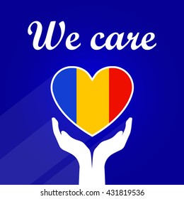 Heart-shaped Flag of Parthenopean Republic Gently Held with Open Hands on Dark-Blue Background with Text Saying We Care, Patriotic Illustration