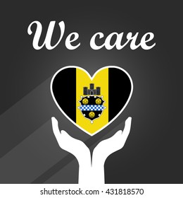 Heart-shaped Flag of Pittsburgh, PA, Gently Held with Open Hands on Dark-Gray Background with Text Saying We Care, Patriotic Illustration