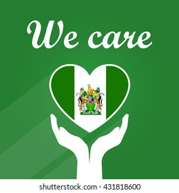 Heart-shaped Flag of Rhodesia (former Zimbabwe) Gently Held with Open Hands on Green Background with Text Saying We Care, Patriotic Illustration