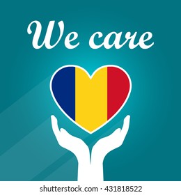 Heart-shaped Flag of Romania Gently Held with Open Hands on Ocean-Blue Background with Text Saying We Care, Patriotic Illustration