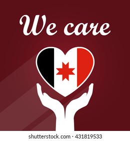 Heart-shaped Flag of Udmurtia Republic, Russia, Gently Held with Open Hands on Dark-Red Background with Text Saying We Care, Patriotic Illustration