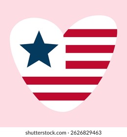 Heart-shaped flag of USA. Design for independence day. 4th of July. Flat vector design on pink background.