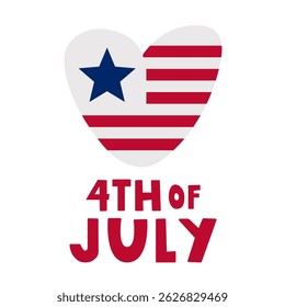 Heart-shaped flag of USA. Inscription - 4th of July. Flat vector design on white background.