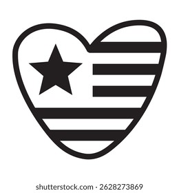 Heart-shaped flag of USA. Outline icon. Design for independence day. 4th of July. White background.