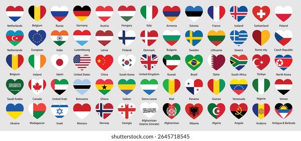 Heart-shaped flags of 65 countries showing unity, peace, and cultural love. A colorful, flat vector icon set perfect for travel, world, or global theme design. Vector illustration.