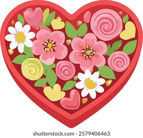 A heart-shaped floral arrangement filled with colorful flowers, leaves, and decorative elements. A romantic and artistic symbol of love, beauty, and affection, often associated with Valentine's Day an