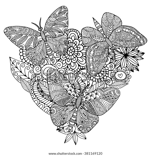 Heartshaped Floral Butterfly Black White Pattern Stock Vector (Royalty ...