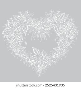 Heart-shaped floral illustration. Hand drawn tropical plants. Botanical illustration for St-Valentine's day cards.