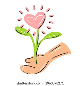 
A heart-shaped flower grows from the palm. Pink heart on a green stem with leaves. Vector image.
