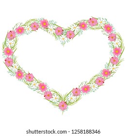 heart-shaped flower wreath on white background, for creating borders, wreaths, for decoration of postcards, posters, paper, gifts, stickers, covers