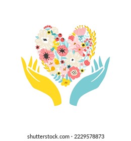 Heart-shaped flowers in yellow-blue hands. A symbol of Ukraine's struggle against Russian terrorism. Vector illustration in simple hand drawn style. Isolate on a white background in pastel colors