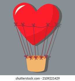 A heart-shaped flying balloon. Day of love. valentine's day. A greeting card with a declaration of love. A flat vector image on a gray background.