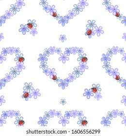 heart-shaped forget-me-not flowers and ladybugs on white background, seamless vector illustration
