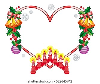 Heart-shaped frame with Christmas decorations and light candle arch. Holiday design element. Vector clip art.