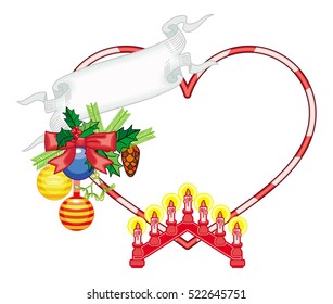 Heart-shaped frame with Christmas decorations and light candle arch. Holiday design element. Vector clip art.