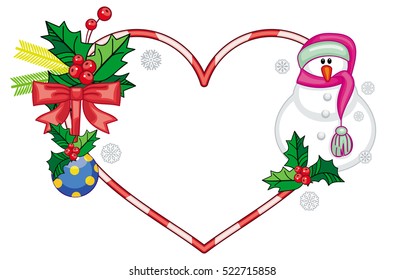 Heart-shaped frame with Christmas decorations and smiling snowman in funny hat. Holiday design element. Copy space. Vector clip art.