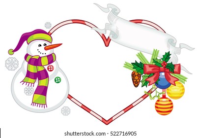 Heart-shaped frame with Christmas decorations and smiling snowman in funny hat. Holiday design element. Copy space. Vector clip art.