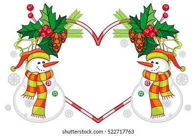 Heart-shaped frame with Christmas decorations and smiling snowman in funny hat. Holiday design element. Copy space. Vector clip art.