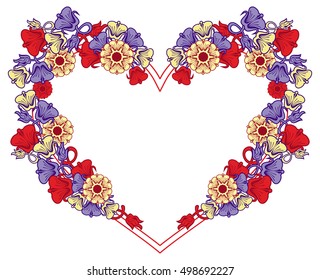 Heart-shaped frame with decorative flowers. Design element for advertisements, flyer, web, wedding, invitations and greeting cards. Vector clip art.
