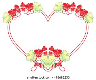Heart-shaped frame with decorative flowers. Design element for advertisements, flyer, web, wedding, invitations and greeting cards. Vector clip art.