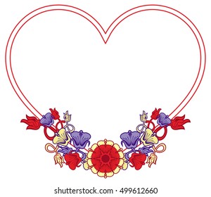 Heart-shaped frame with decorative flowers. Design element for advertisements, flyer, web, wedding, invitations and greeting cards. Vector clip art.