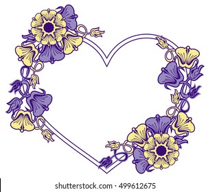 Heart-shaped frame with decorative flowers. Design element for advertisements, flyer, web, wedding, invitations and greeting cards. Vector clip art.