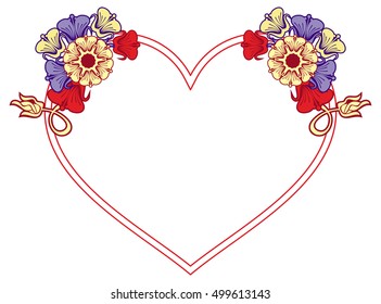 Heart-shaped frame with decorative flowers. Design element for advertisements, flyer, web, wedding, invitations and greeting cards. Vector clip art.