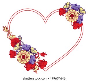 Heart-shaped frame with decorative flowers. Design element for advertisements, flyer, web, wedding, invitations and greeting cards. Vector clip art.