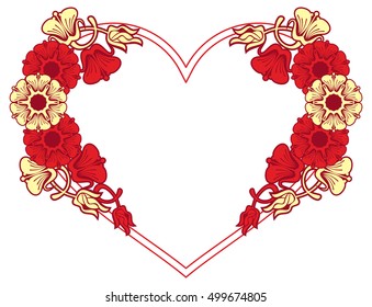 Heart-shaped frame with decorative flowers. Design element for advertisements, flyer, web, wedding, invitations and greeting cards. Vector clip art.