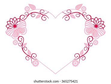 Heart-shaped frame with flowers and butterflies