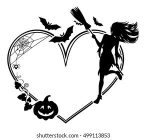 Heart-shaped frame with girl silhouette. Halloween background. Witch, bats, broom, pumpkin. Vector clip art.