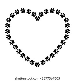 Heart-shaped frame made of black paw prints, symbolizing love for pets. Perfect for pet-themed designs, logos, greeting cards, and digital art. Ideal for animal lovers and veterinary graphics.