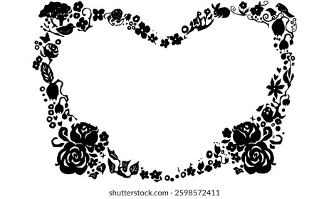 Heart-shaped frame made of flowers and animal silhouettes.
