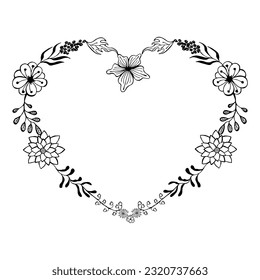 Heart-shaped frame made of hand-drawn floral elements. Isolated on white background, simple elements.