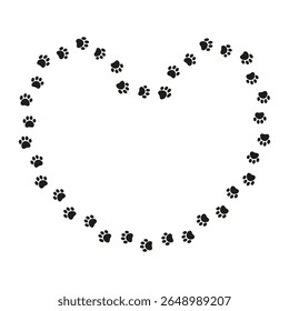 Heart-shaped frame made of paw prints. Cute vector border with empty space for text or photo. Perfect for pet lovers, Valentine’s Day, or adoption designs.