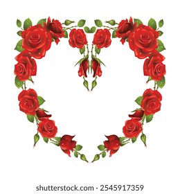 A heart-shaped frame made of red roses and green leaves, symbolizing love and passion. Ideal for Valentine’s Day cards, romantic projects, and love-themed decorations